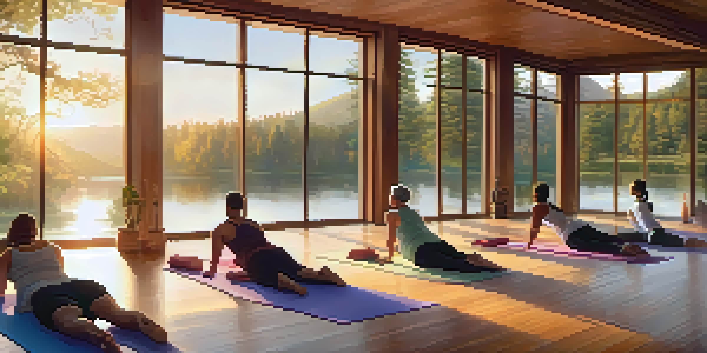 A peaceful yoga studio at sunset with individuals of diverse backgrounds practicing meditation on yoga mats, surrounded by large windows revealing a tranquil landscape.