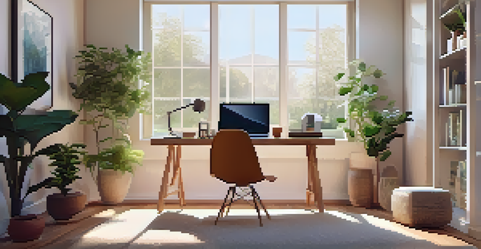 A peaceful home office with a meditation corner, soft morning light, a cushion, indoor plant, and a smartphone with a meditation app on a wooden desk.