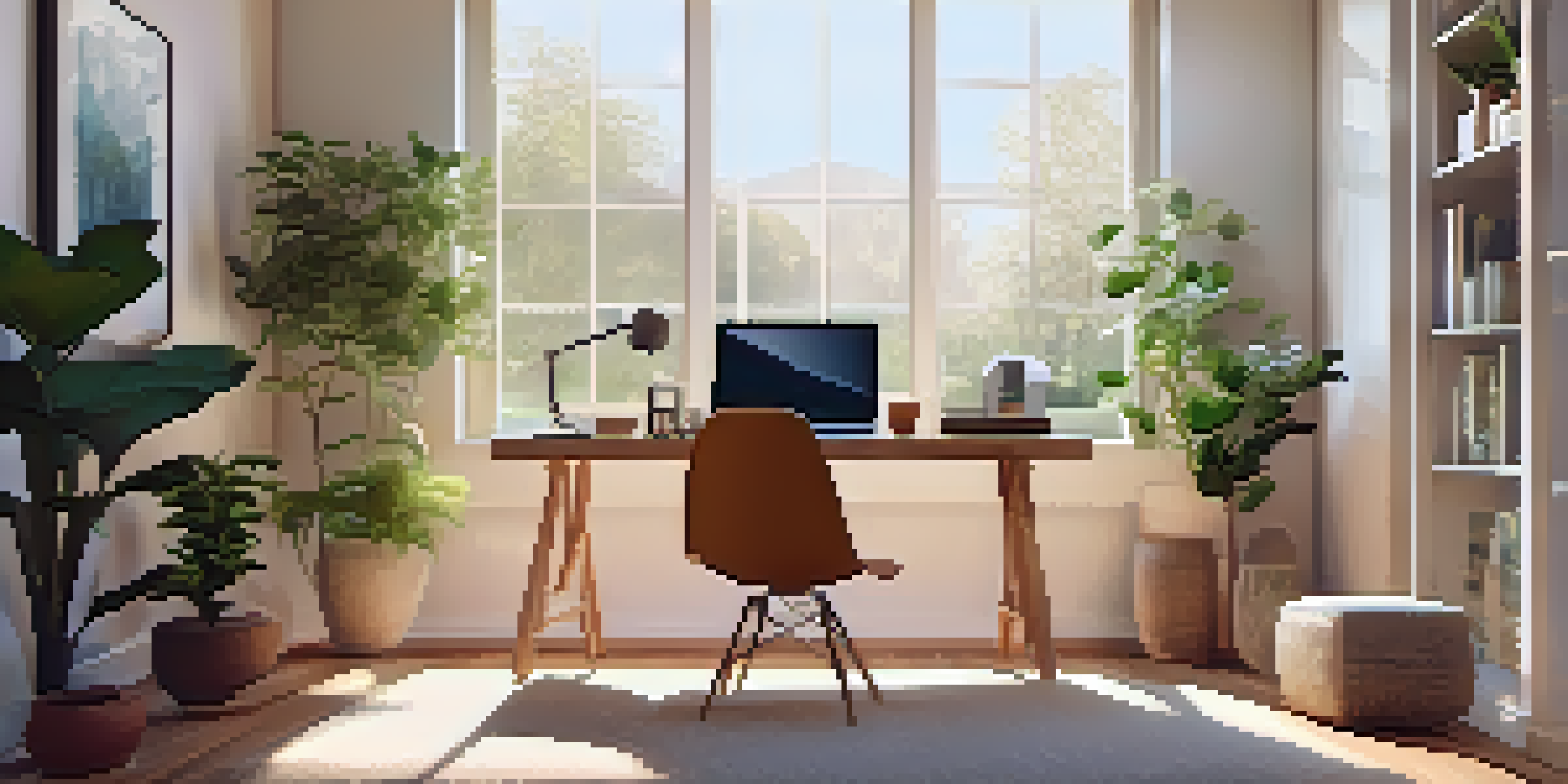 A peaceful home office with a meditation corner, soft morning light, a cushion, indoor plant, and a smartphone with a meditation app on a wooden desk.