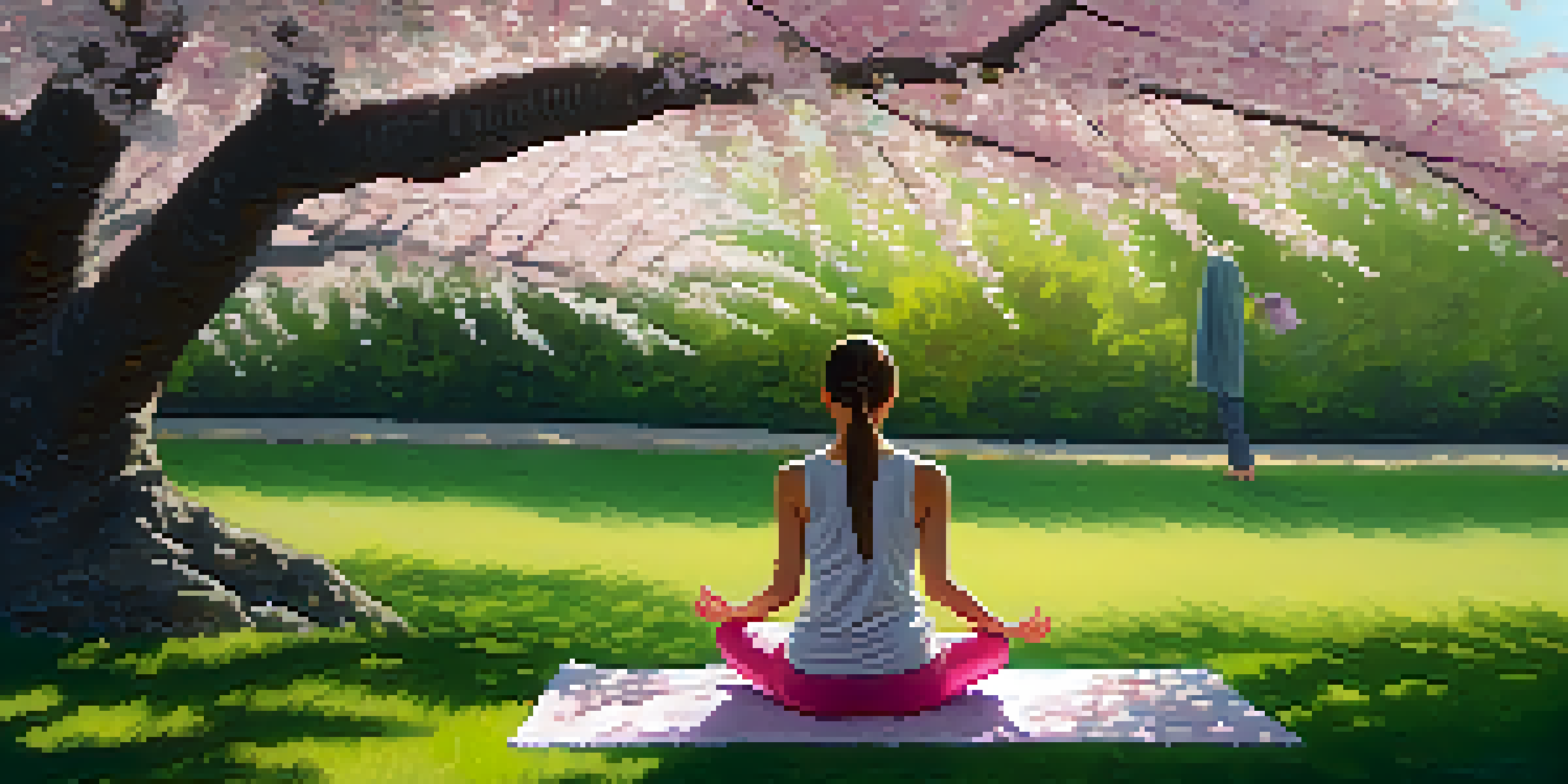 A person meditating in a tranquil garden surrounded by cherry blossom trees and sunlight.