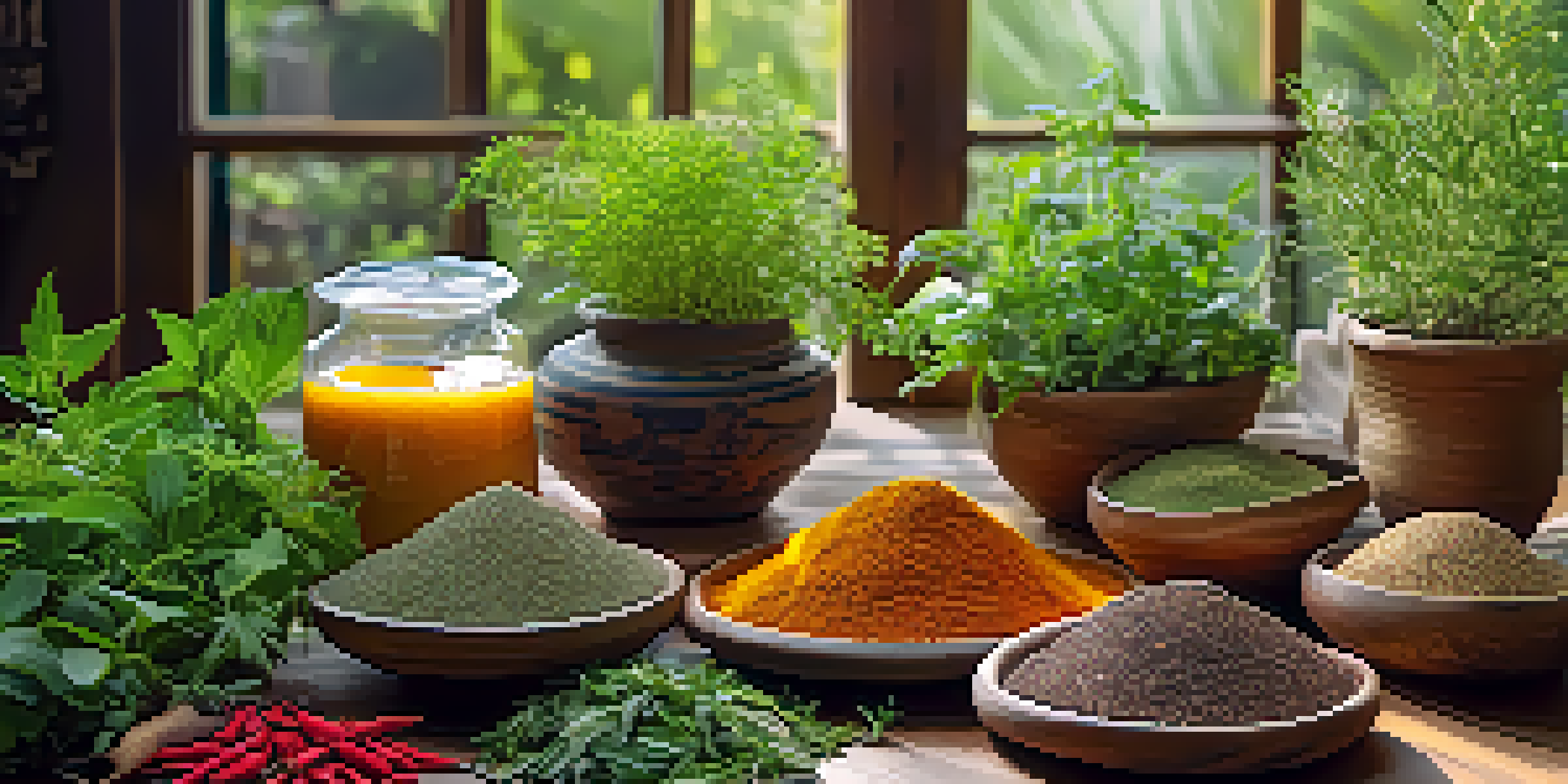 A wooden table with colorful herbs and spices in a tranquil garden setting, sunlight filtering through the greenery.