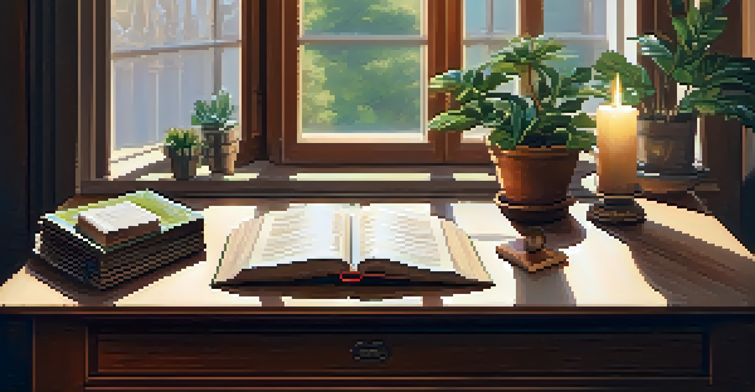 A cozy study space with books, artifacts, a journal, a quill, and warm light filtering through a window.