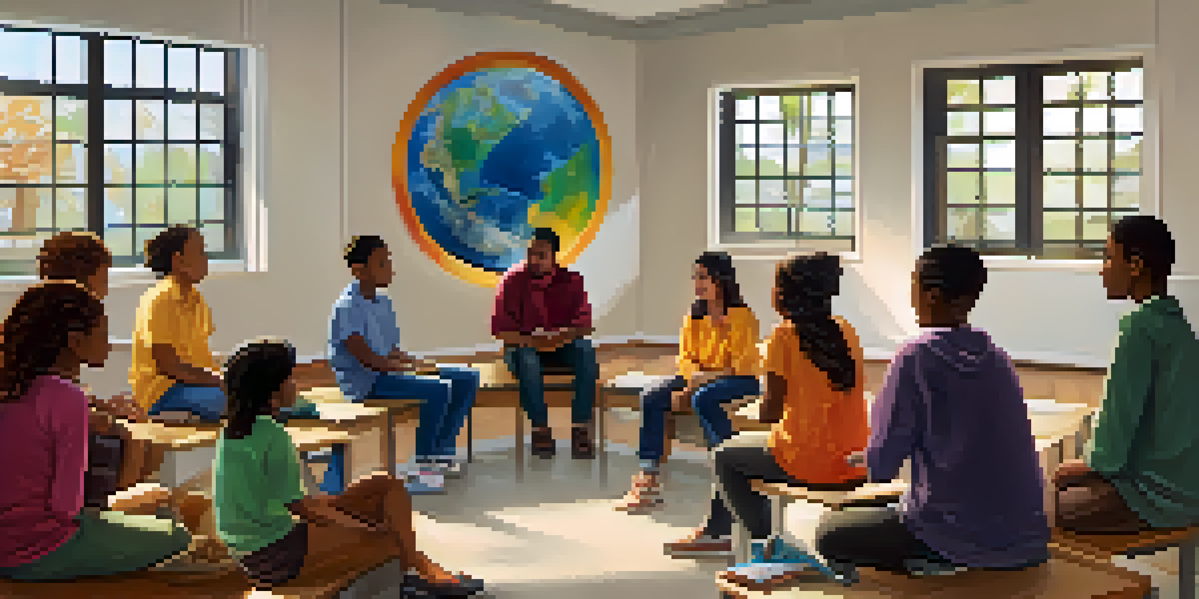 A diverse group of students sitting in a circle in a bright classroom, discussing spirituality with an attentive educator, surrounded by cultural decorations.
