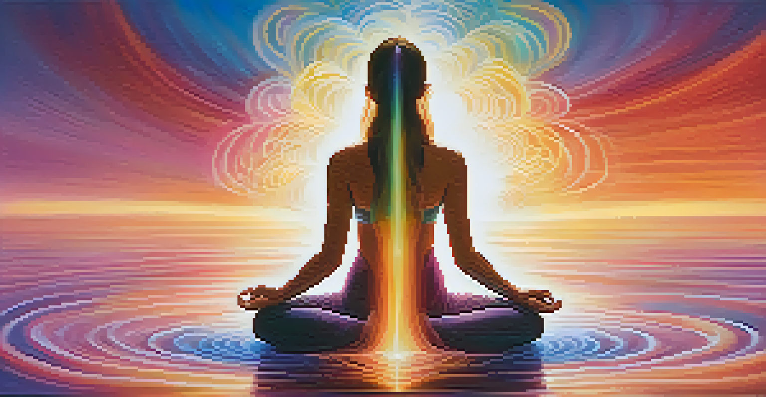 An artistic depiction of breath as colorful flowing waves around a meditating figure in a tranquil background.