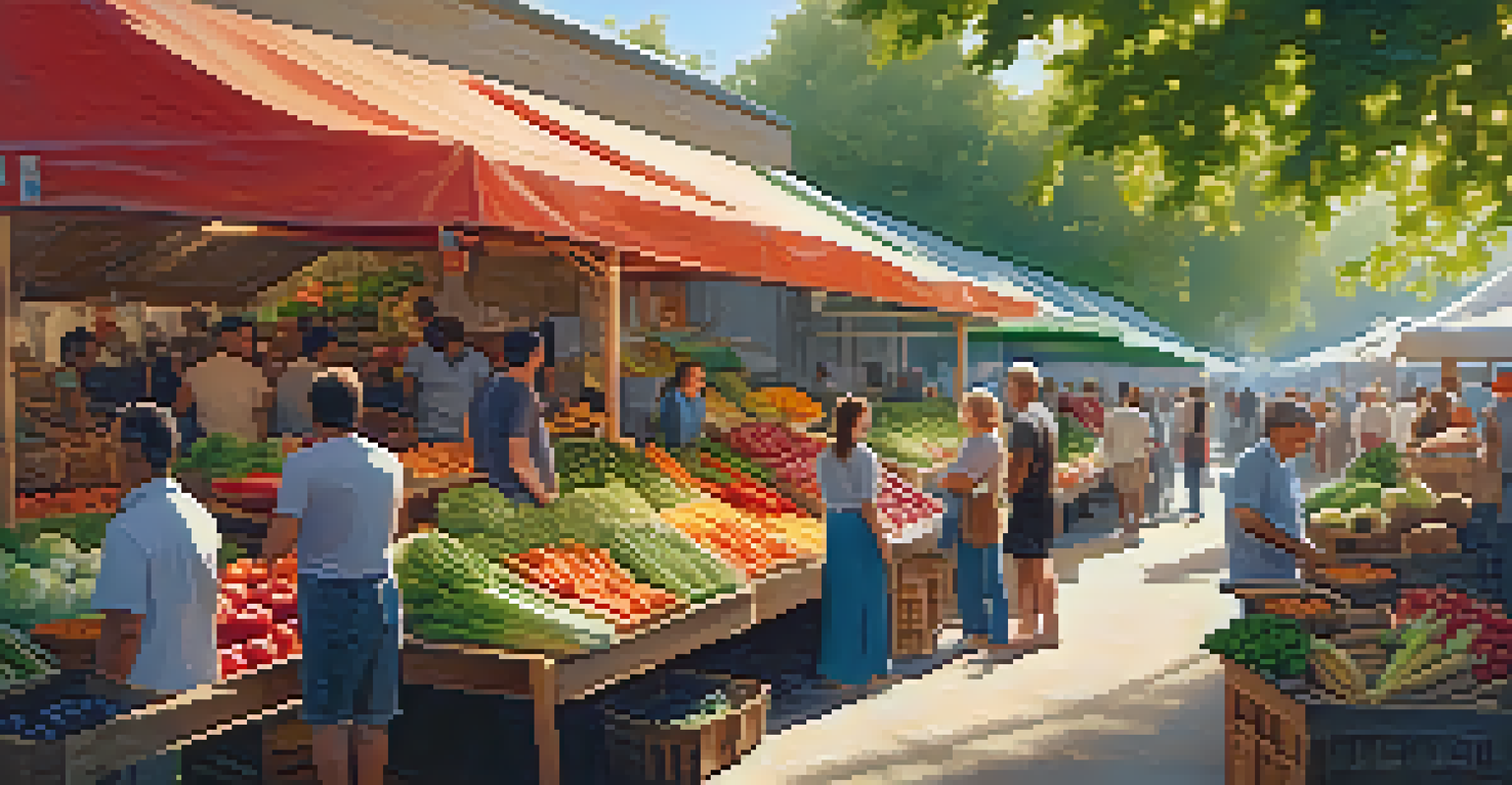 A lively outdoor market filled with fresh vegetables and fruits, with people interacting and sunlight filtering through trees.