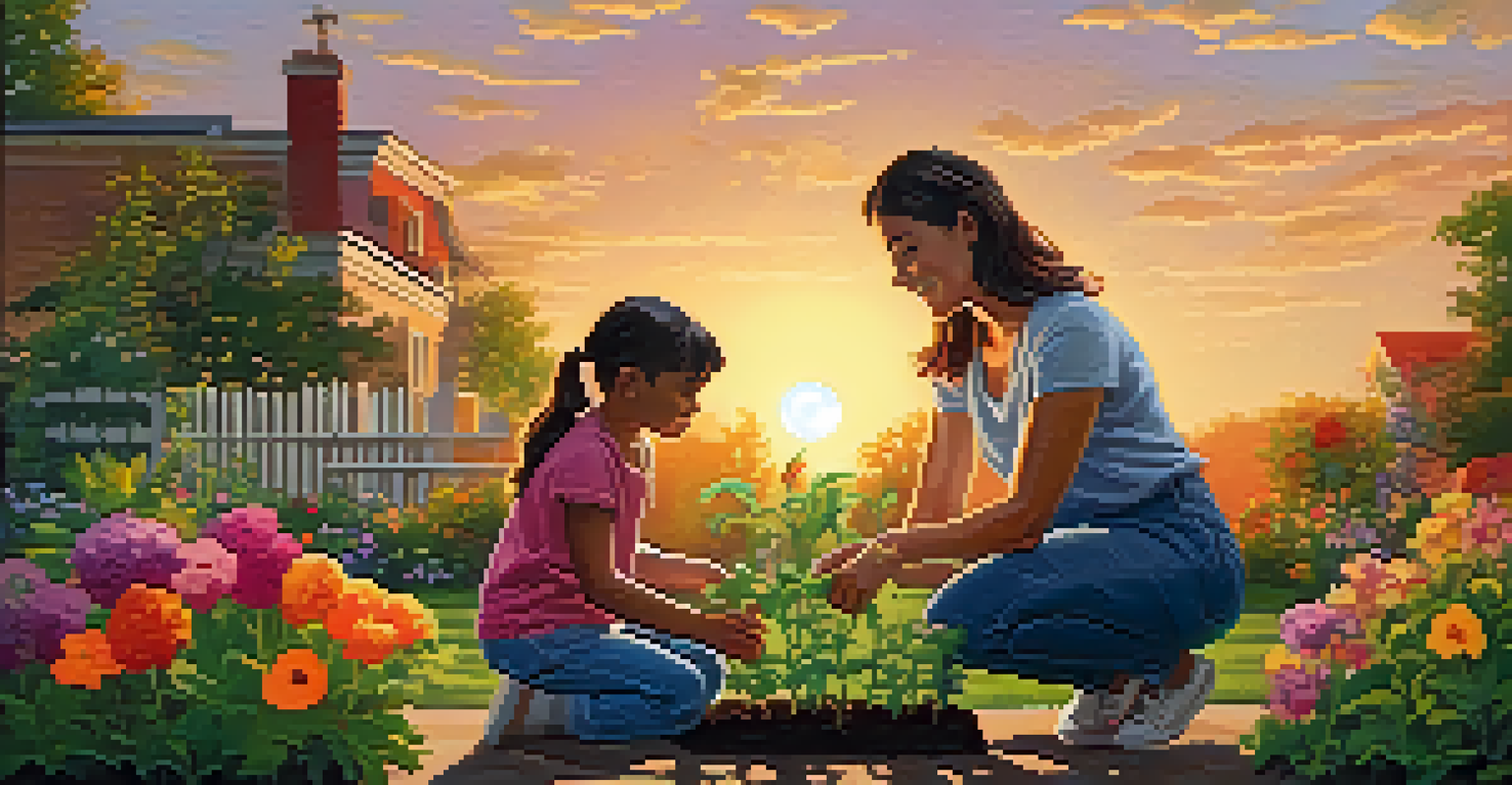 A parent and child planting seeds together in a colorful garden at sunset.