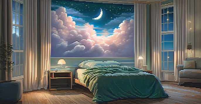 A peaceful sleeping person in a cozy bed, surrounded by colorful dreamlike clouds, with warm lighting and moonlight filtering through curtains.
