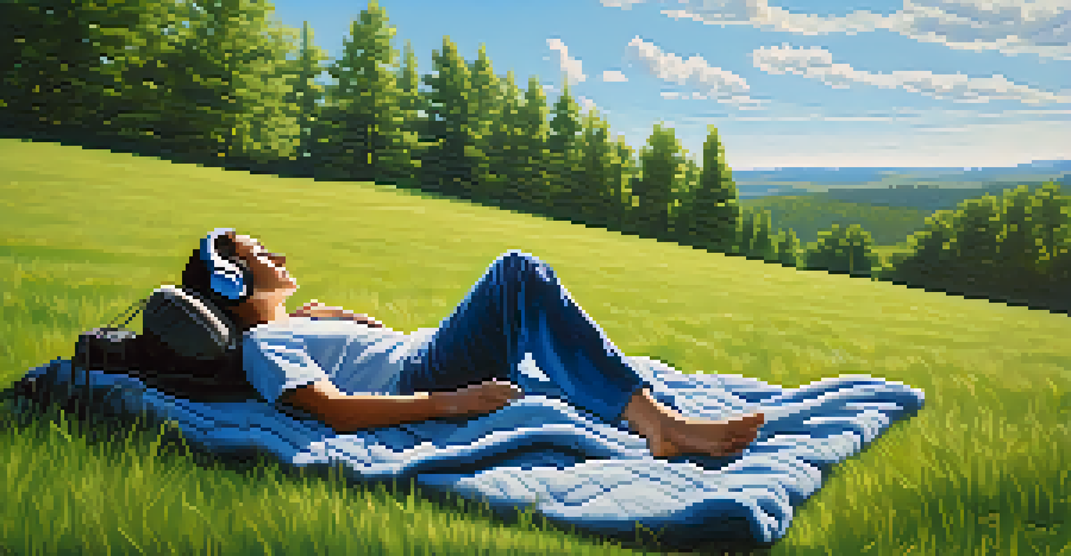 A person lying on a blanket in a green field, listening to guided visualization with headphones on.