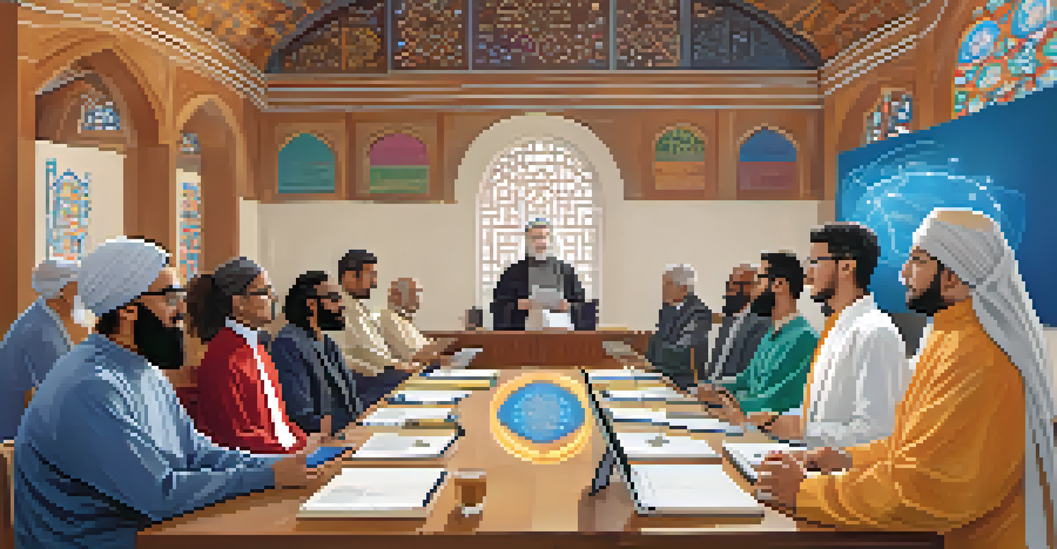 A virtual meeting with diverse individuals on screens discussing interfaith topics, with religious symbols in the background.