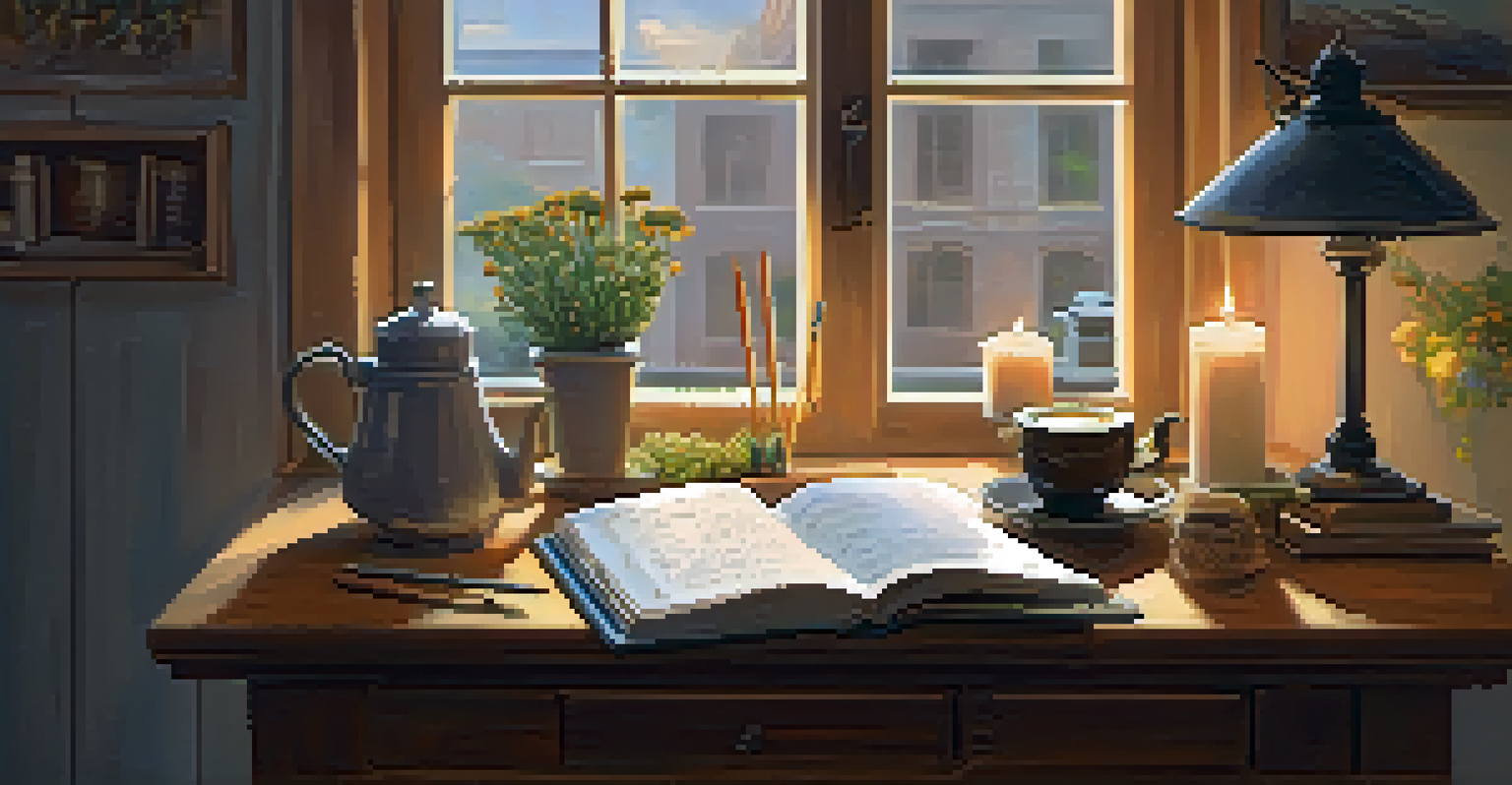 A cozy room with soft light and a person journaling at a wooden desk surrounded by candles and inspirational quotes.