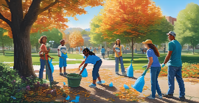 A diverse group of volunteers smiling and working together to clean up a park, surrounded by trees and flowers under a clear blue sky.
