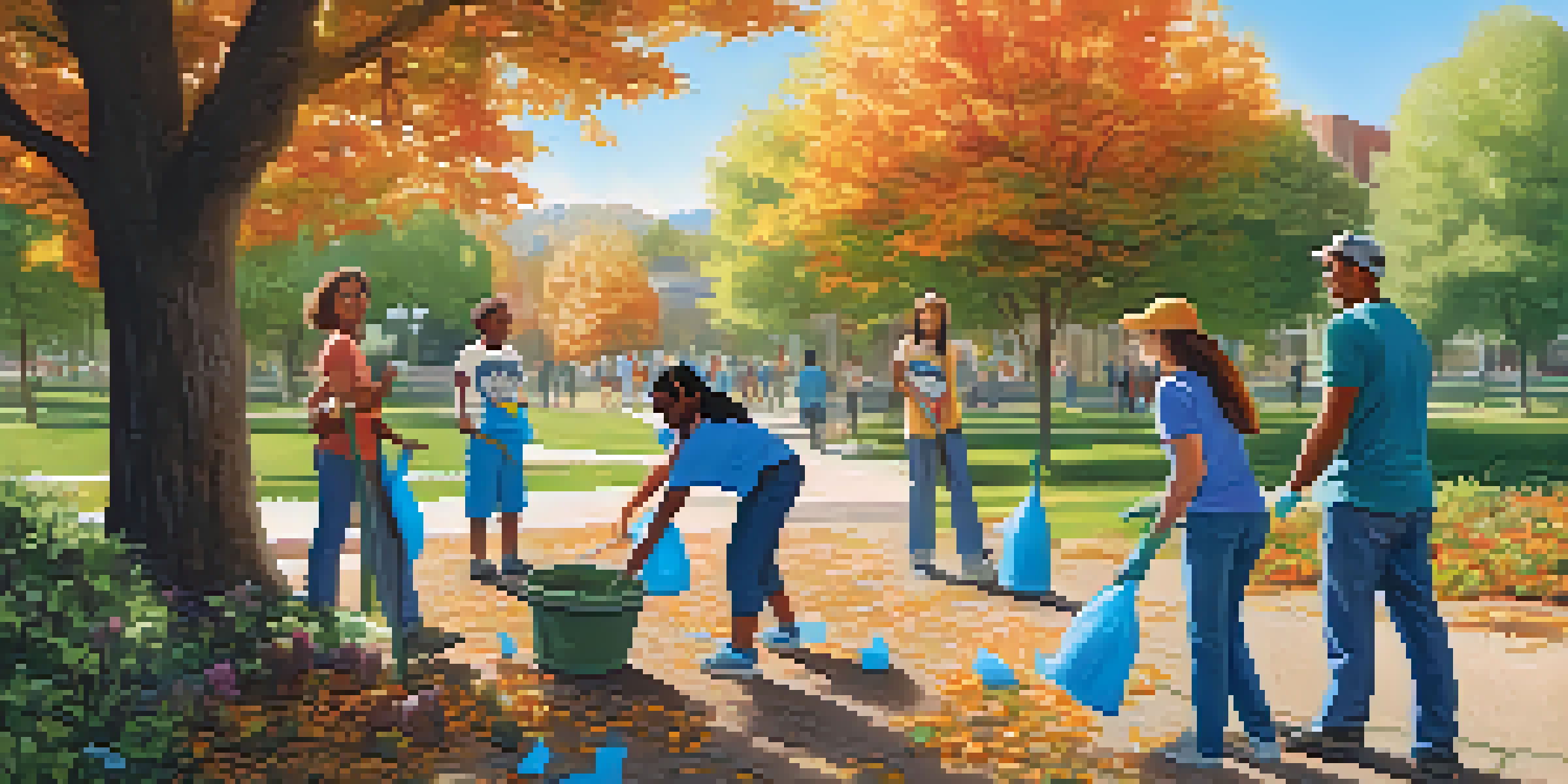 A diverse group of volunteers smiling and working together to clean up a park, surrounded by trees and flowers under a clear blue sky.