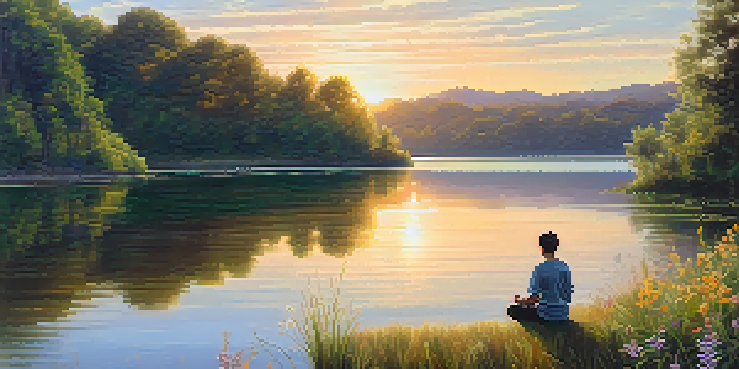 A person meditating by a calm lake at sunrise, with soft pastel colors and lush greenery around.
