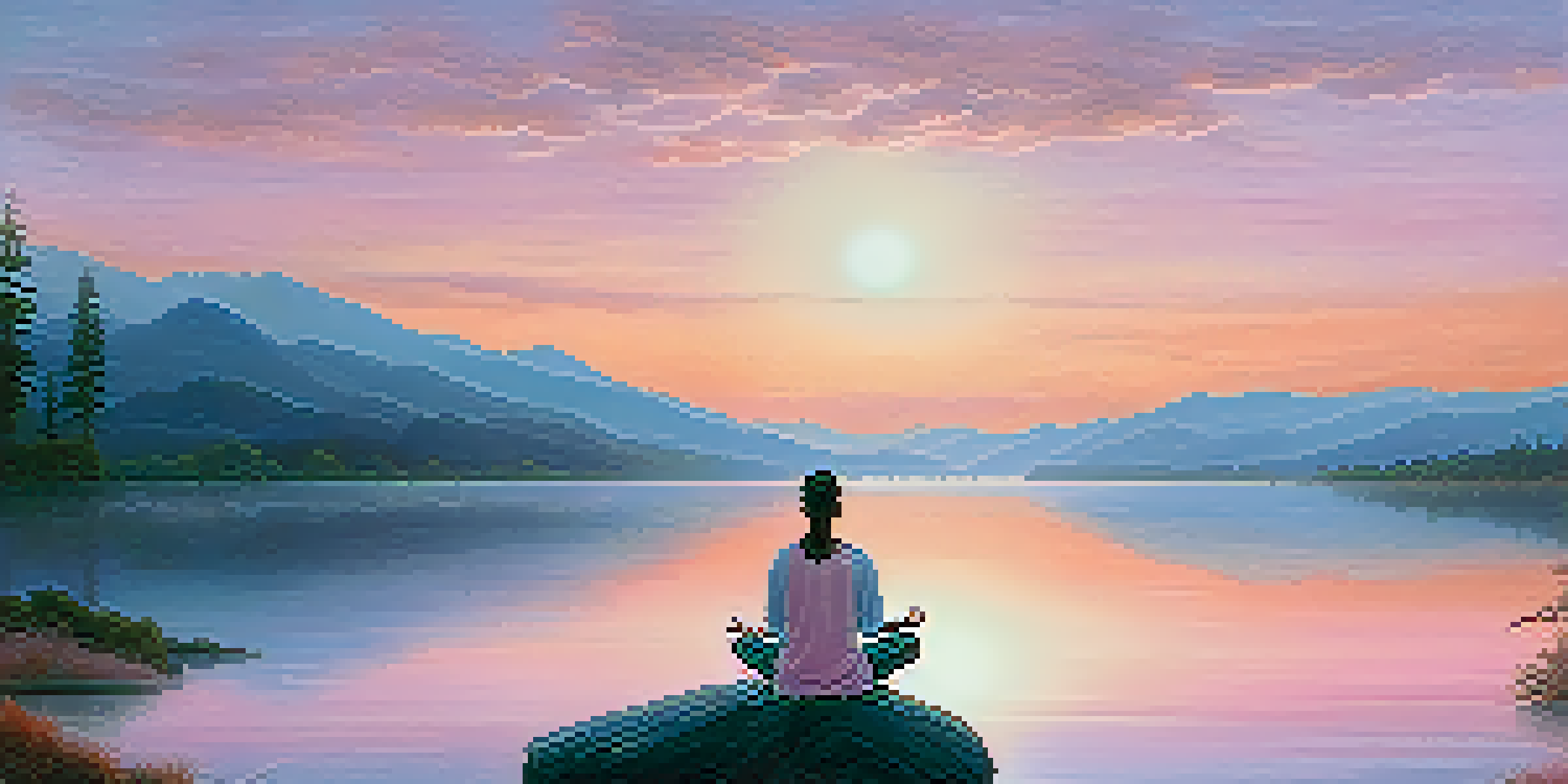 A person meditating by a tranquil lake at dawn, surrounded by misty mountains and soft pastel colors in the sky.