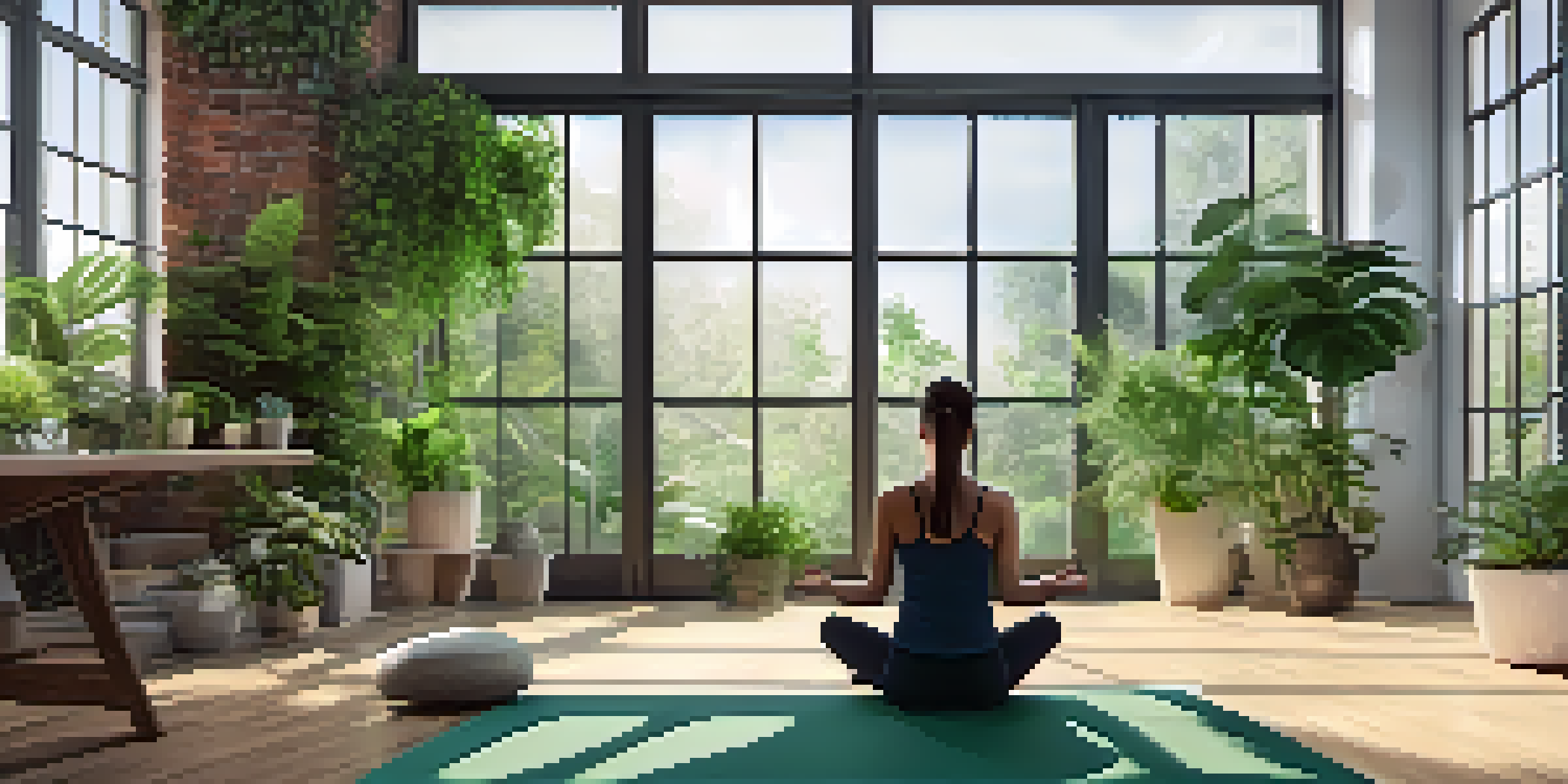 A peaceful office with natural light, plants, and a person meditating on a yoga mat.