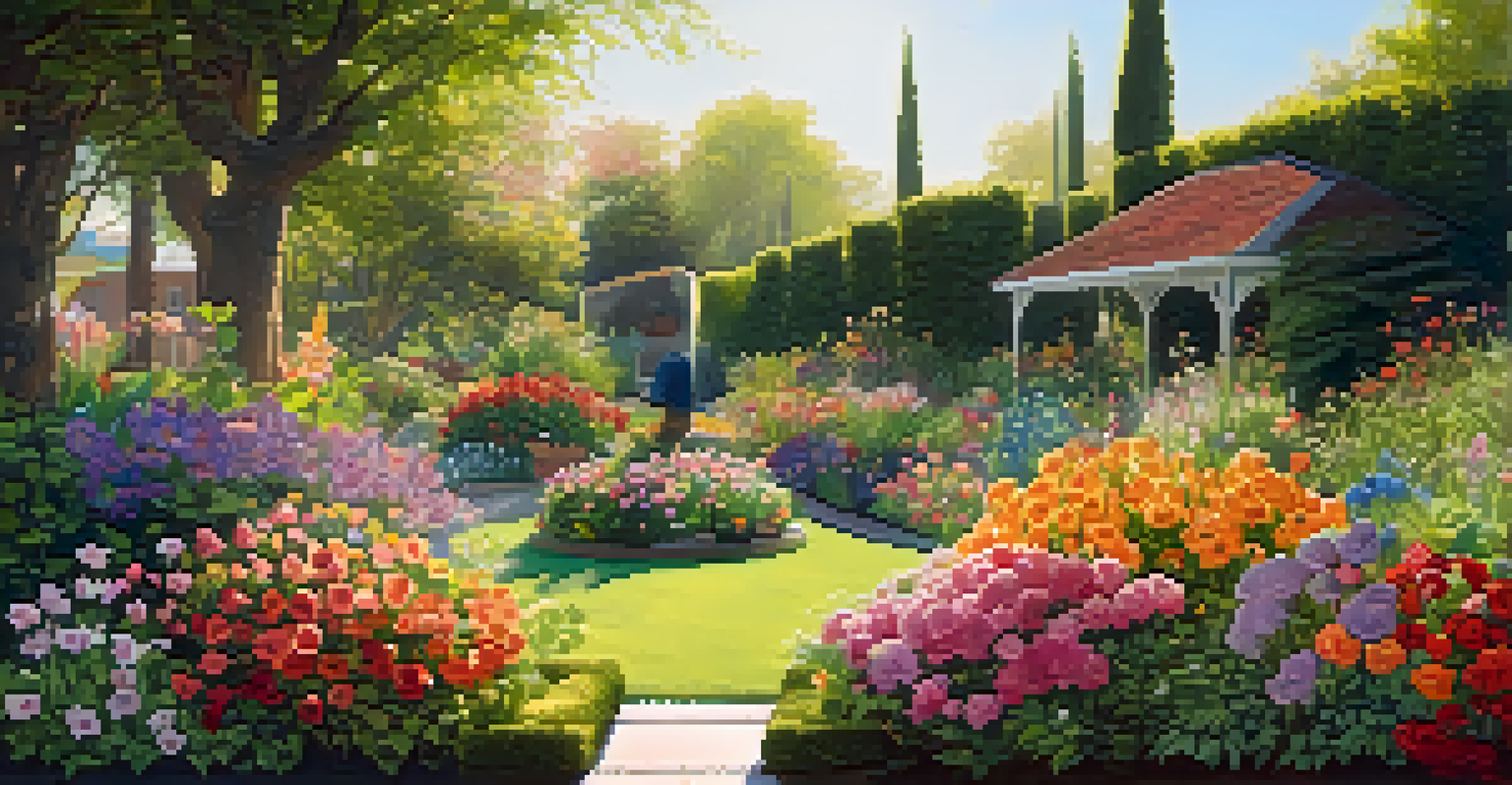 A colorful garden with a person planting flowers, illuminated by soft sunlight.