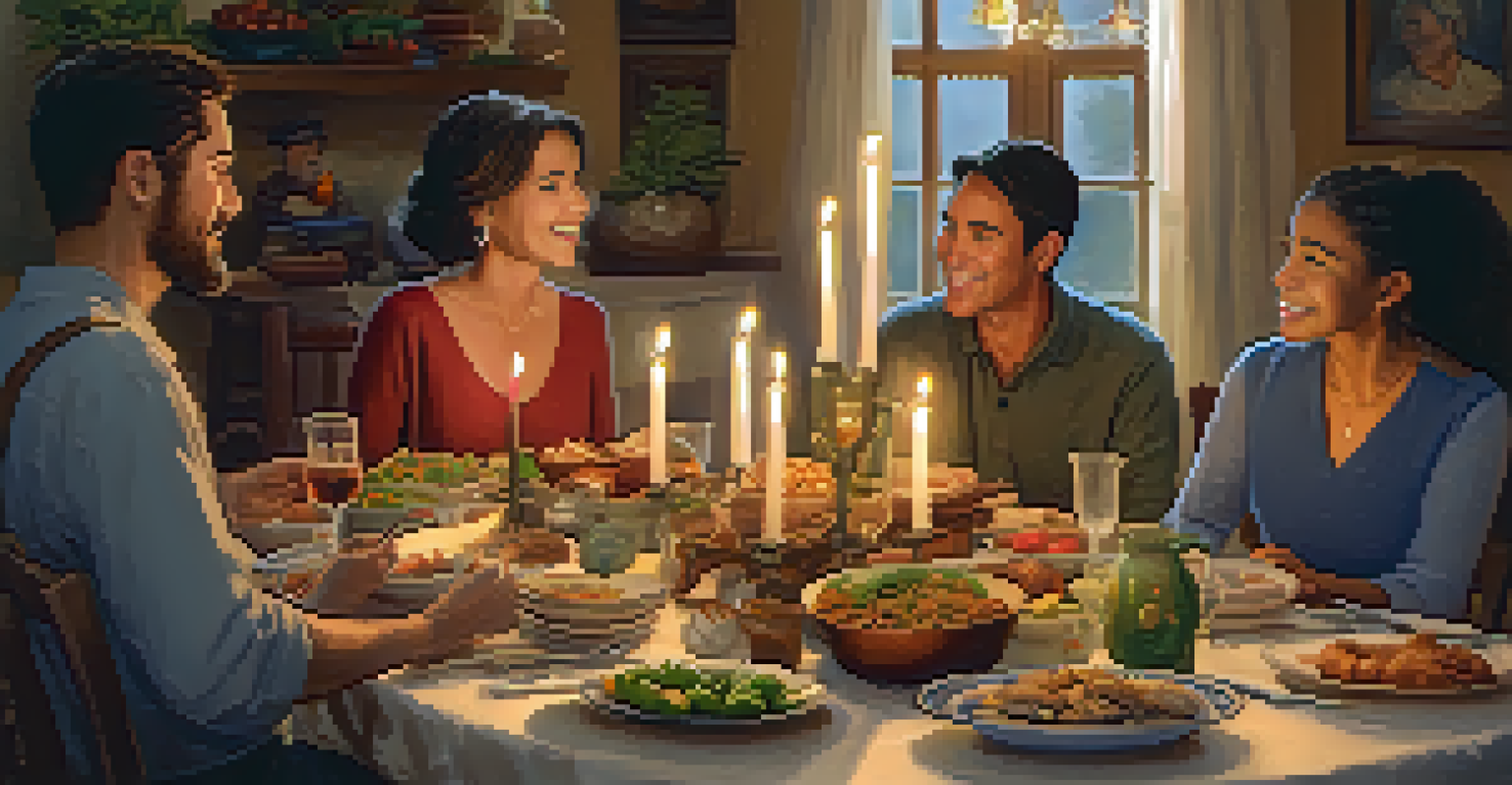 A family gathering with diverse members sharing stories around a beautifully set table.