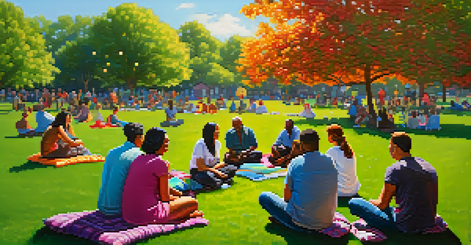 A diverse group of people sitting in a circle in a park, sharing stories and enjoying each other's company.