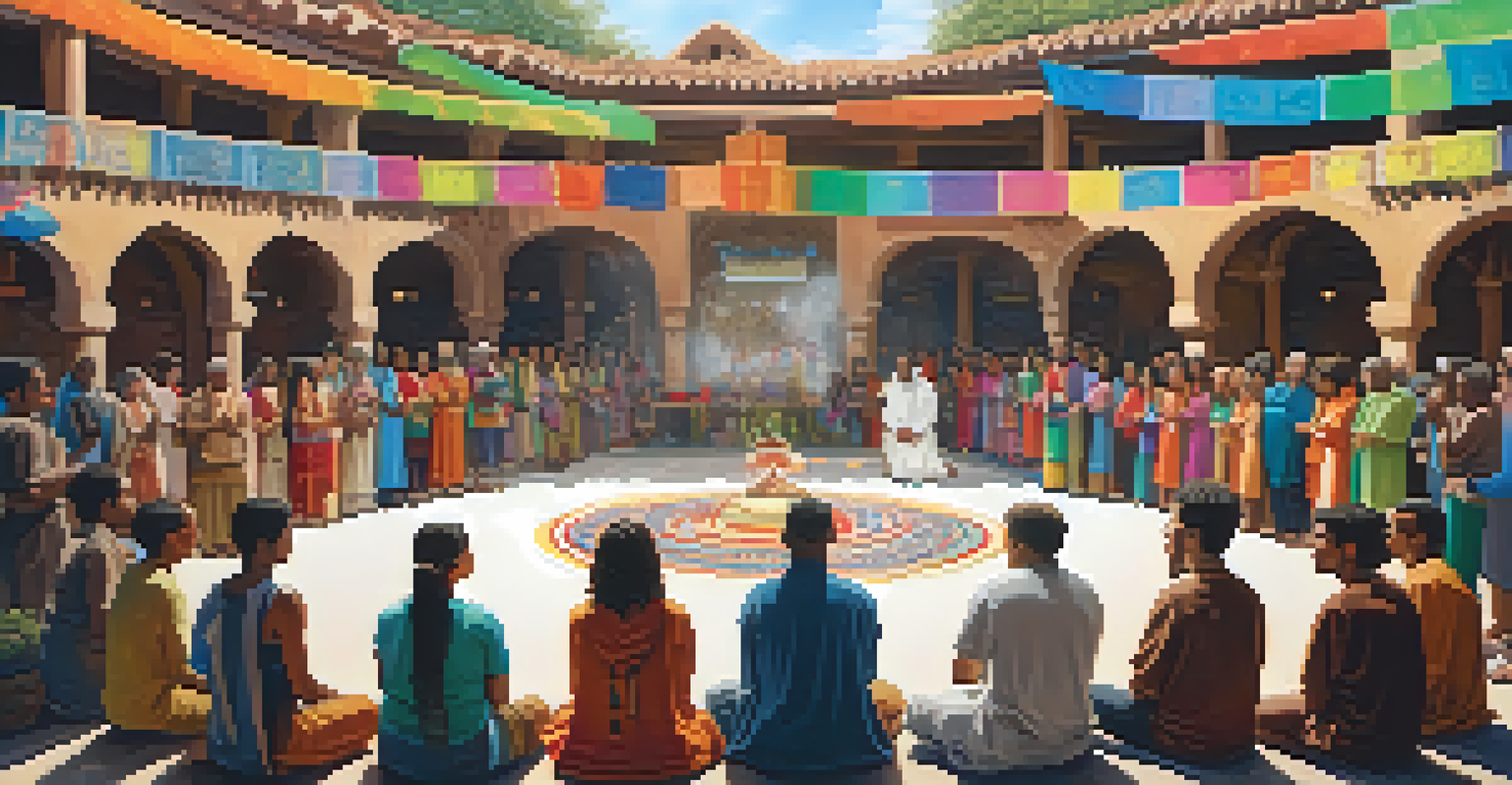 A diverse group of individuals gathered in a decorated courtyard, participating in a shared ritual, embodying community and connection.