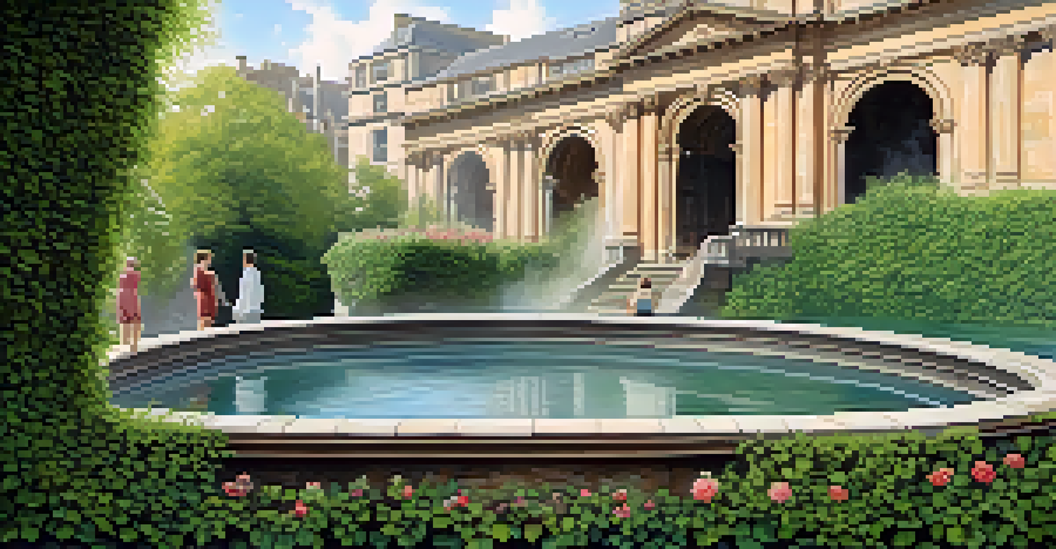 A tranquil hot spring in Bath, England, with steam rising from the water and visitors enjoying the serene atmosphere.