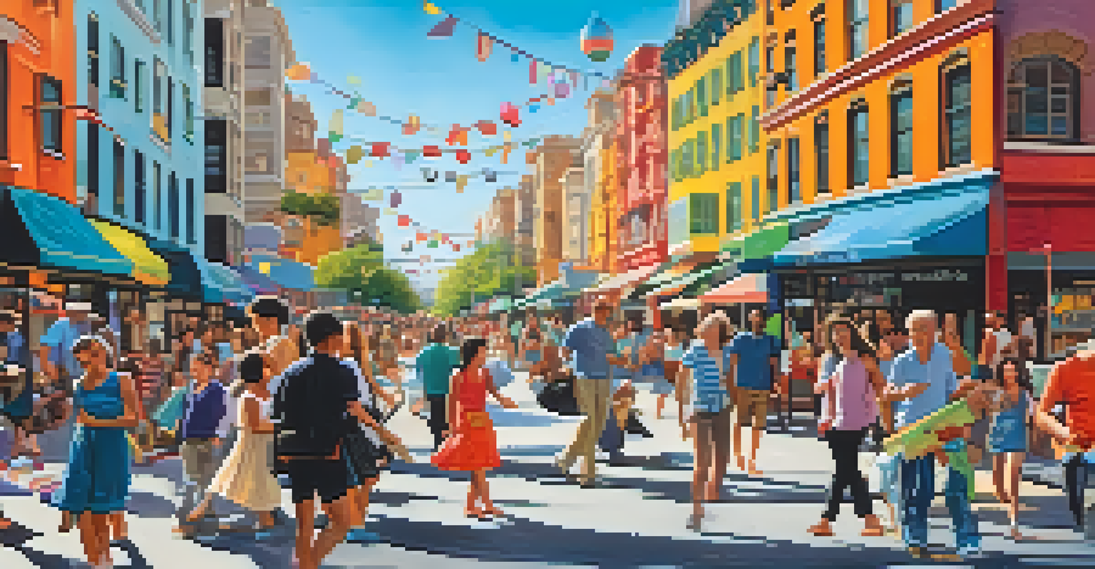 A person walking in a lively city street, smiling and finding humor in various amusing scenes around them.