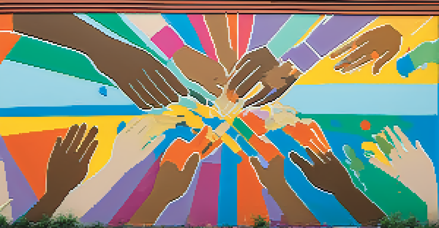 Close-up of a volunteer's hands painting a mural that represents unity and compassion.