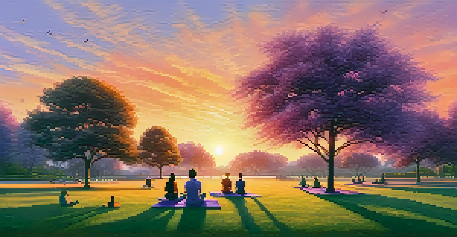 A diverse group of individuals meditating on the grass in a park during a vibrant sunset.