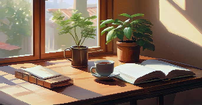 A calm workspace with a journal, pen, indoor plant, and a cup of tea, bathed in sunlight.