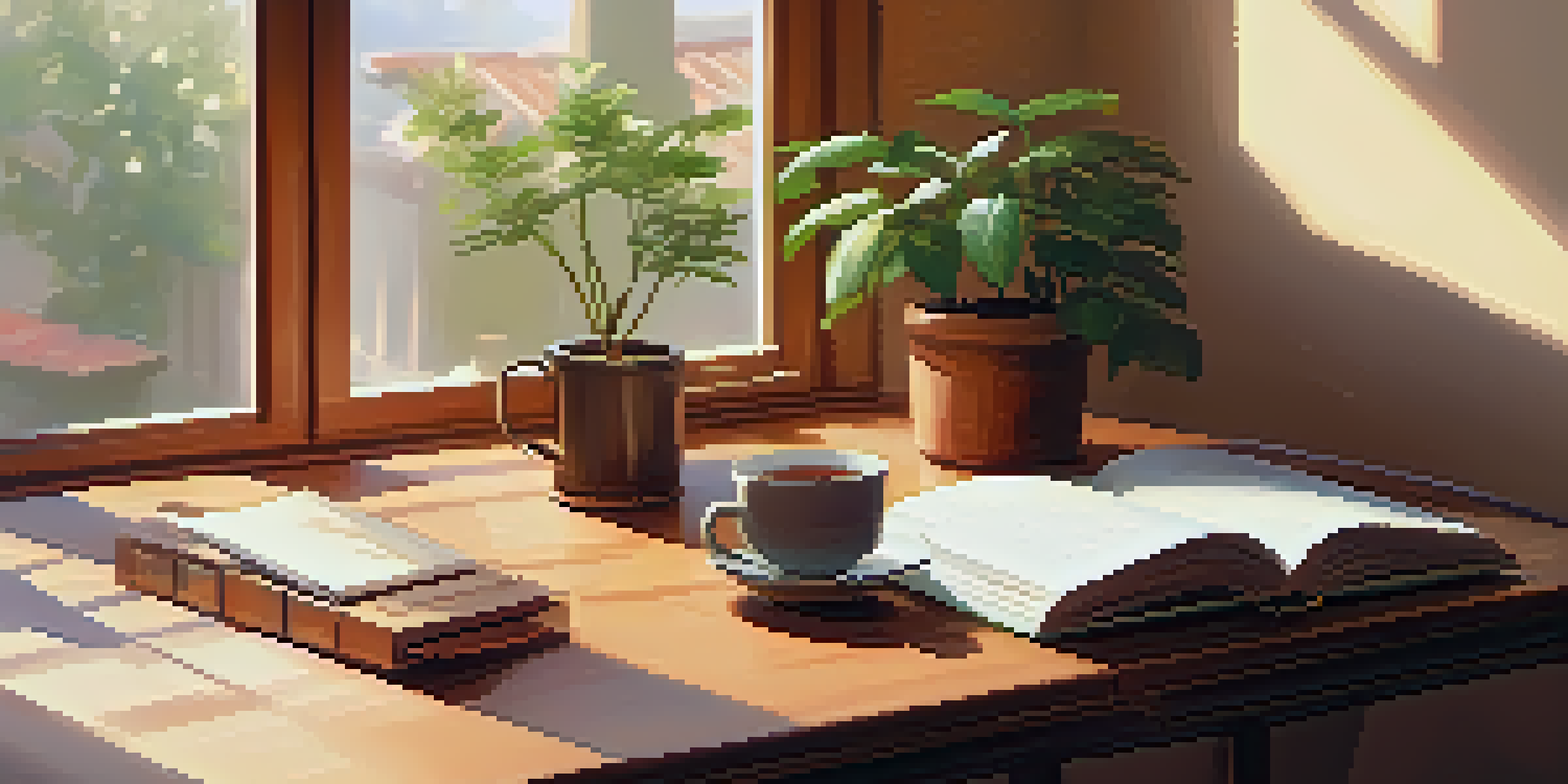 A calm workspace with a journal, pen, indoor plant, and a cup of tea, bathed in sunlight.