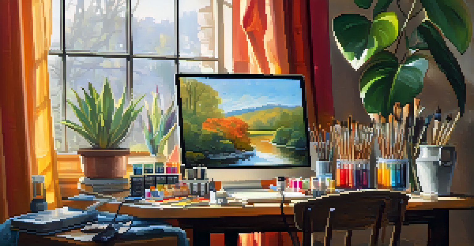 A bright artist's workspace with colorful supplies and natural light streaming through a window.