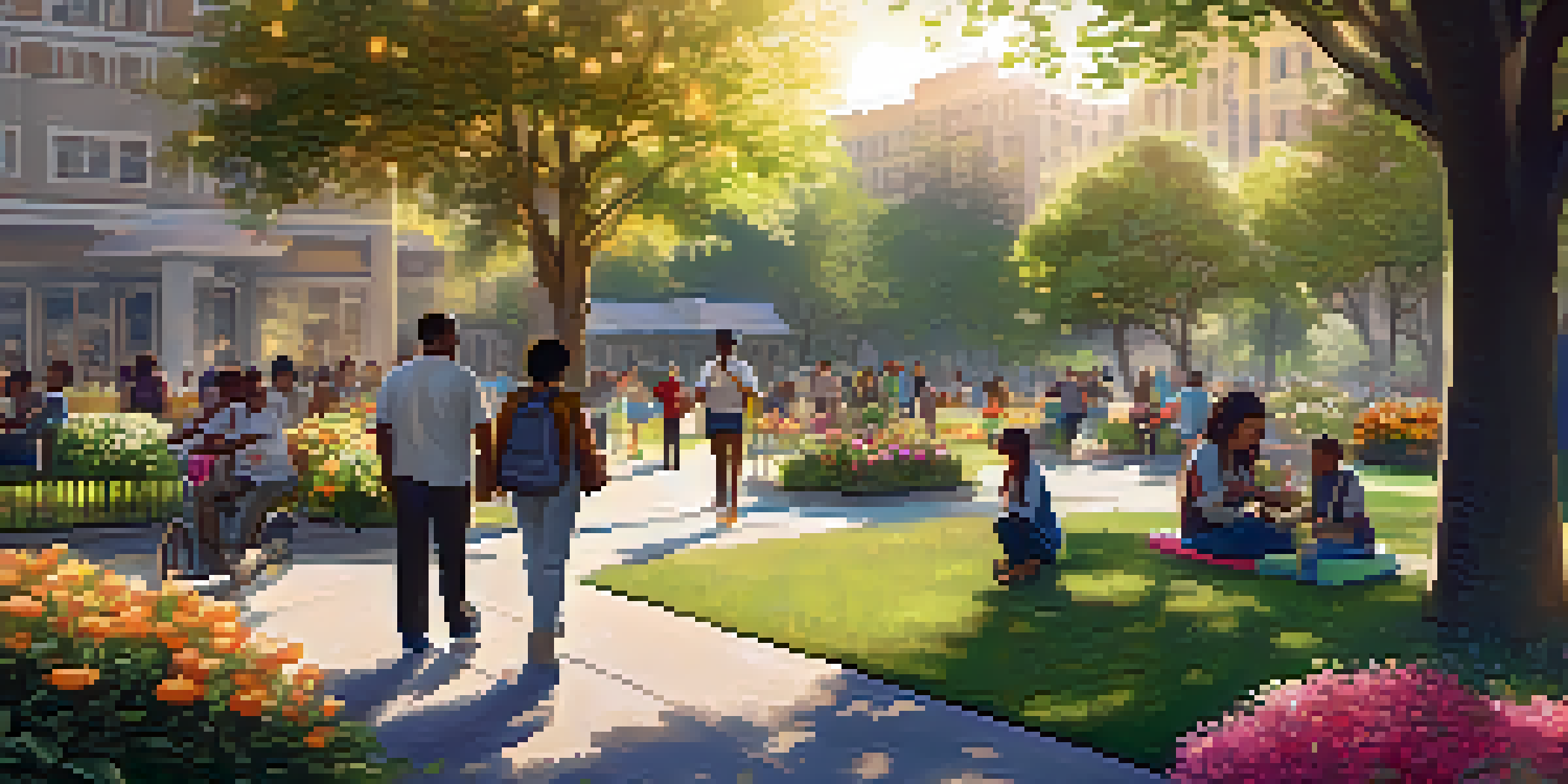 A diverse group of people in a park, helping each other and sharing smiles during sunset, surrounded by nature.