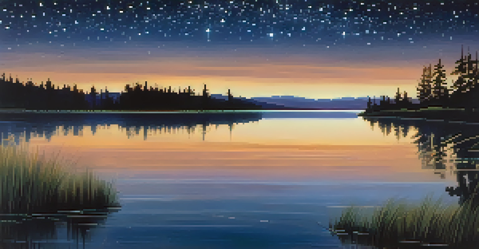 A peaceful night scene with a starry sky reflected in a calm lake, surrounded by silhouettes of trees.