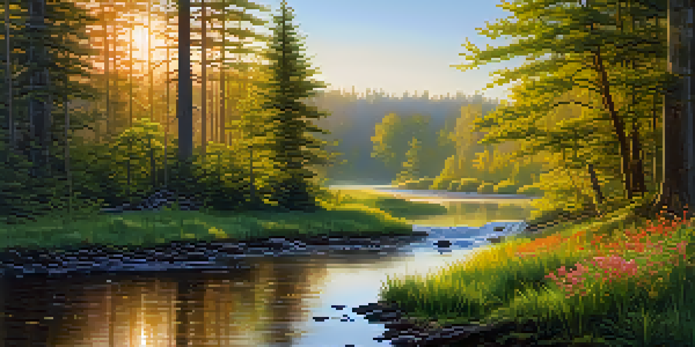 A peaceful forest at dawn with sunlight streaming through the trees, a stream, and a deer drinking water.