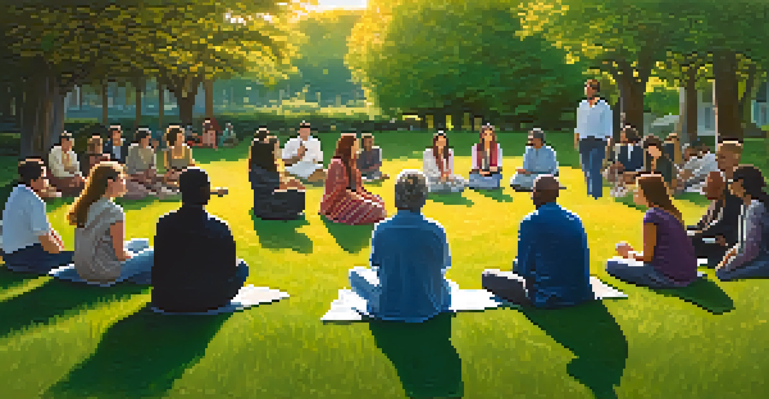 A diverse group of people discussing spirituality in a sunlit outdoor park.