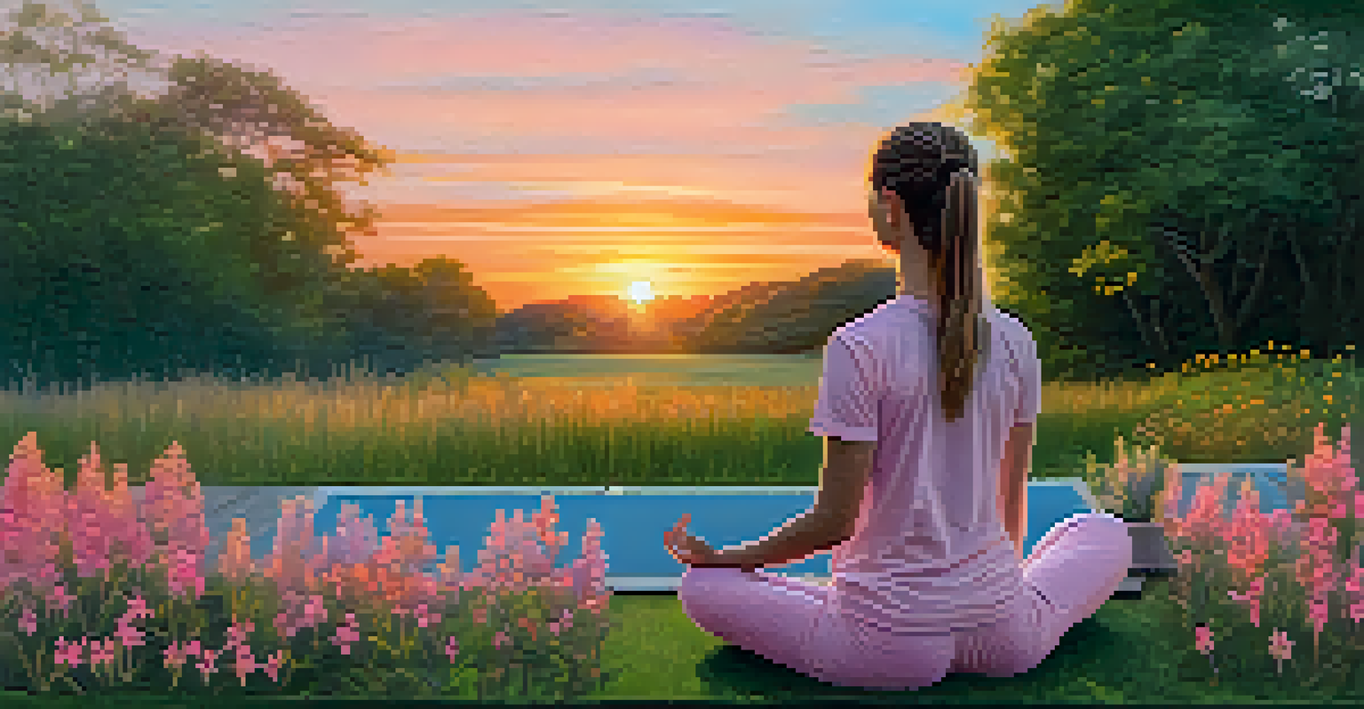 A person practicing yoga in a peaceful park during sunrise, surrounded by greenery and wildflowers.