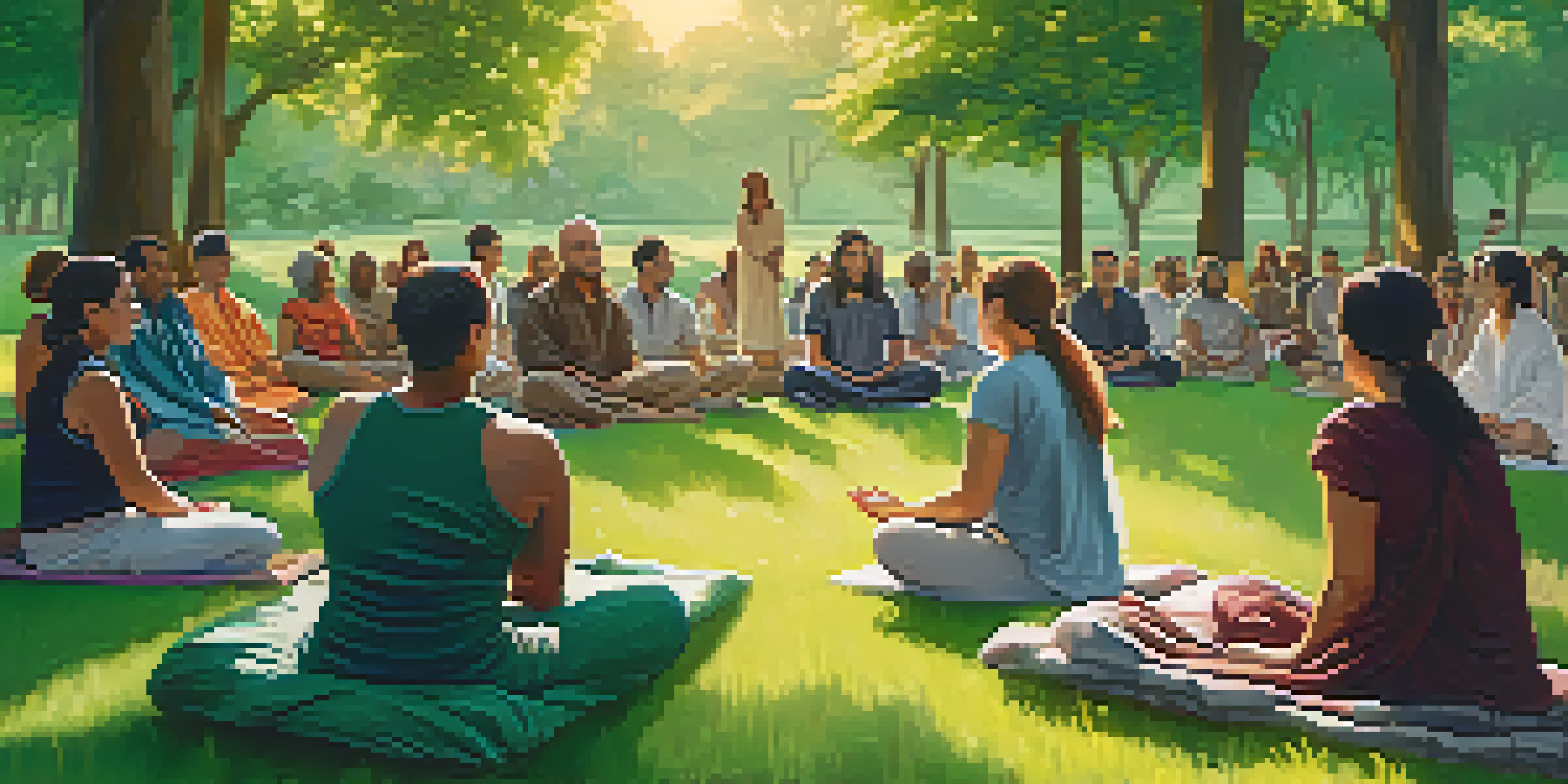 A diverse group of people meditating together in a park at sunset, creating a peaceful and harmonious atmosphere.