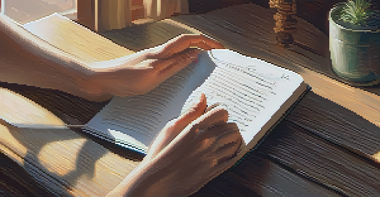 Close-up of hands holding a gratitude journal on a wooden table, with soft light coming through a window.