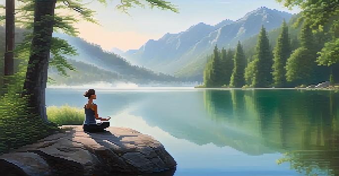 A peaceful lake scene with a person practicing yoga by the water, surrounded by mountains and trees in soft morning light.
