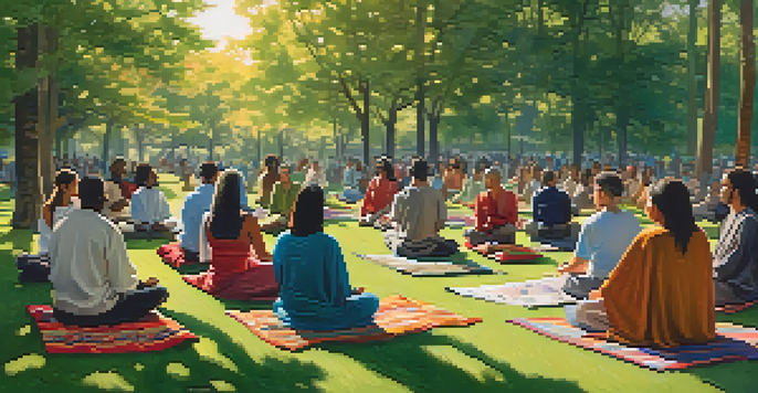 A diverse group of people meditating in a park, surrounded by nature and dappled sunlight.