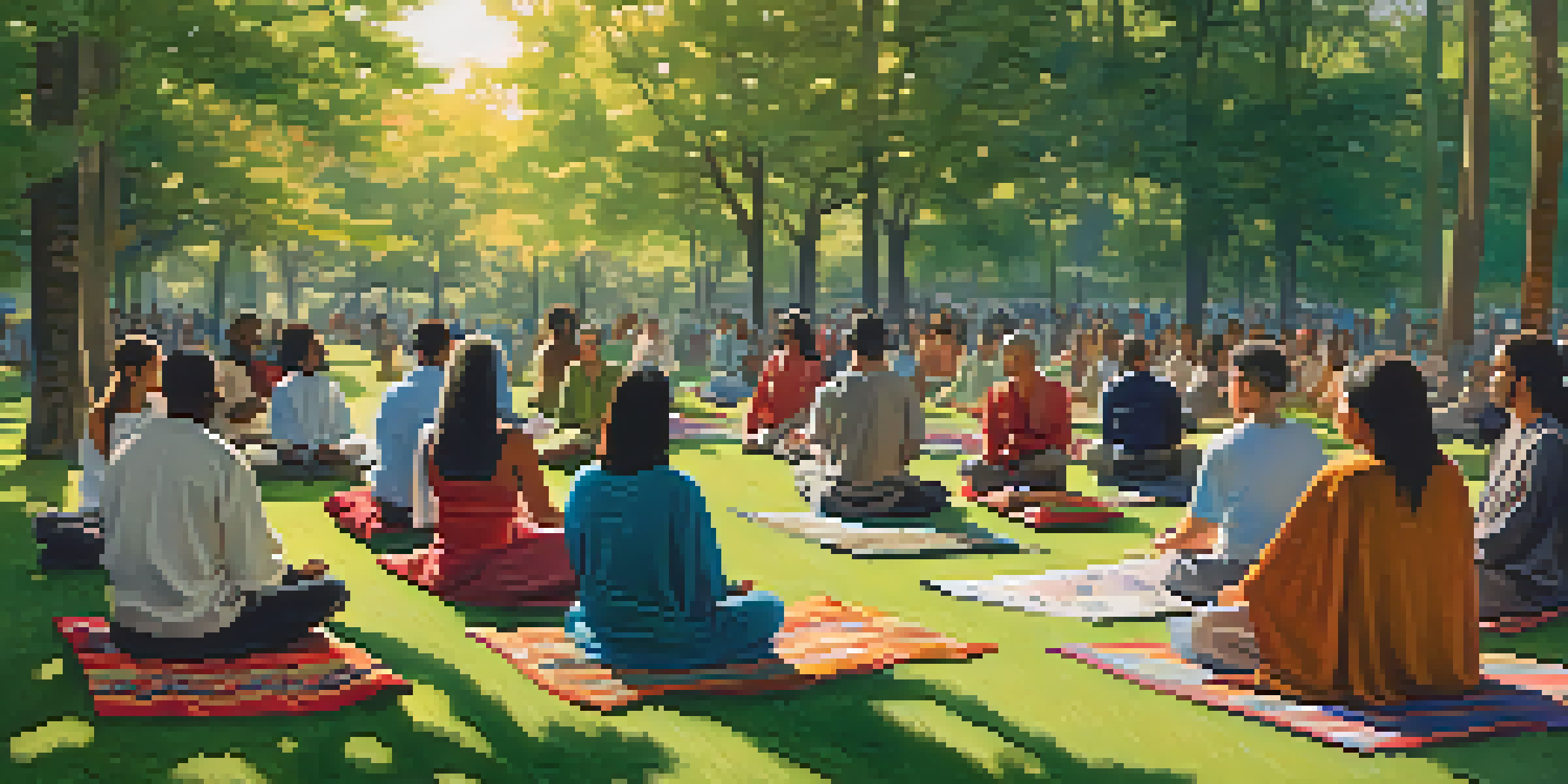 A diverse group of people meditating in a park, surrounded by nature and dappled sunlight.