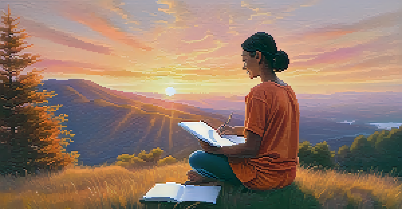 A person meditating on a hillside at sunset, smiling while reflecting on their blessings, with a notebook beside them.