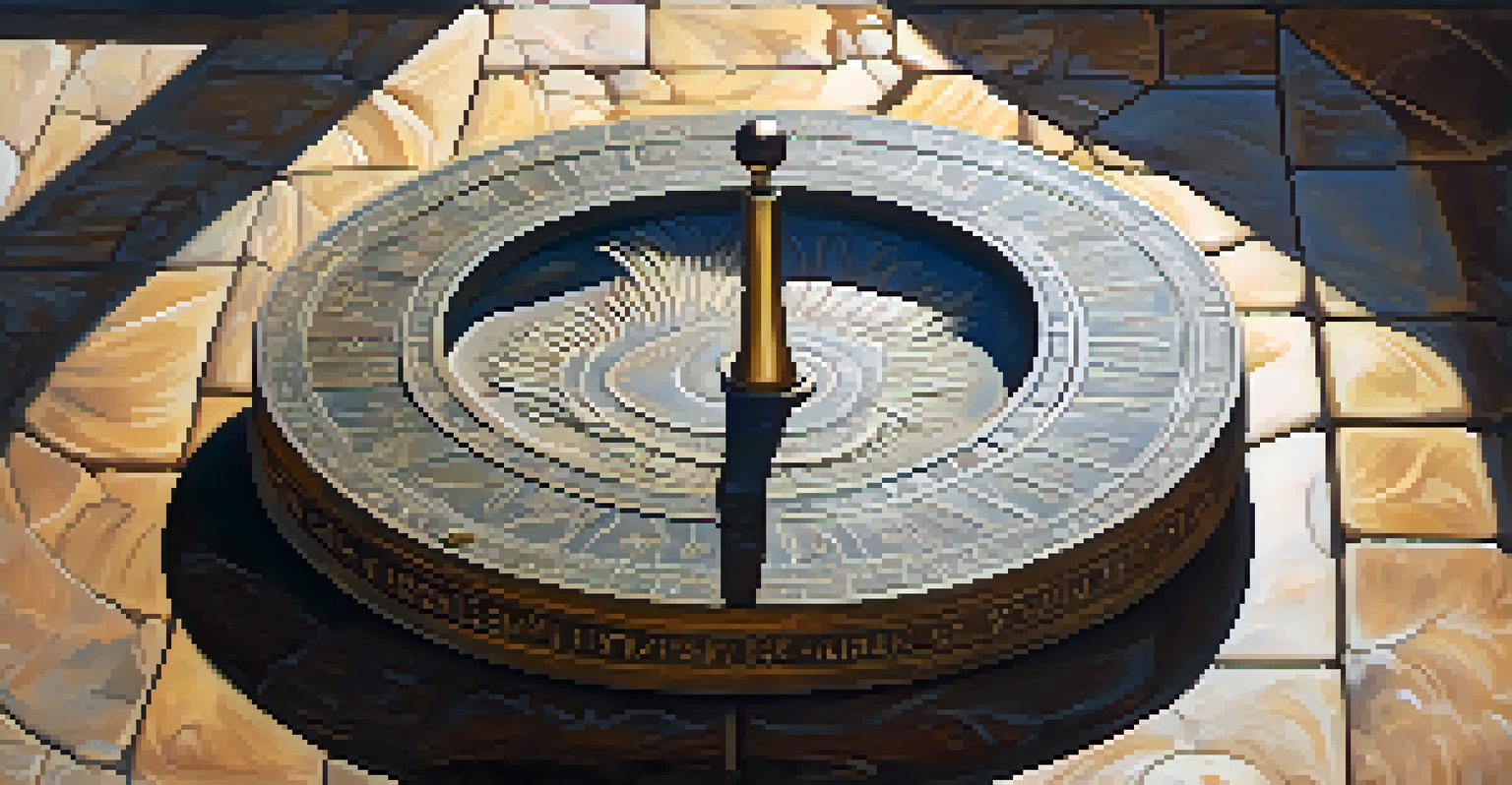 A close-up of a polished stone sundial with engravings, surrounded by lotus flowers in sunlight.