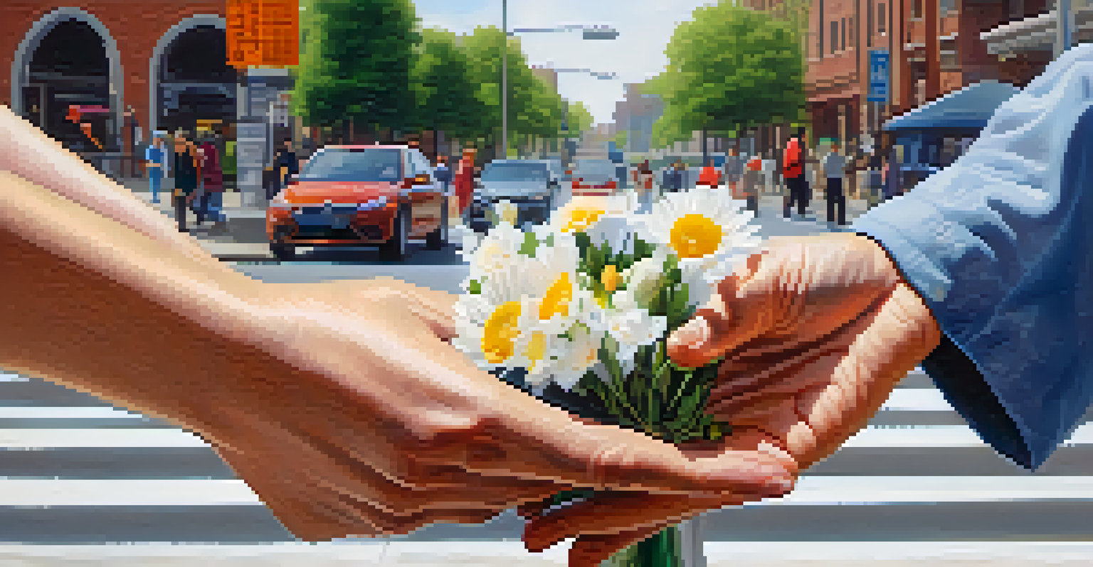 Close-up of hands helping an elderly person, highlighting compassion and connection in an urban setting.