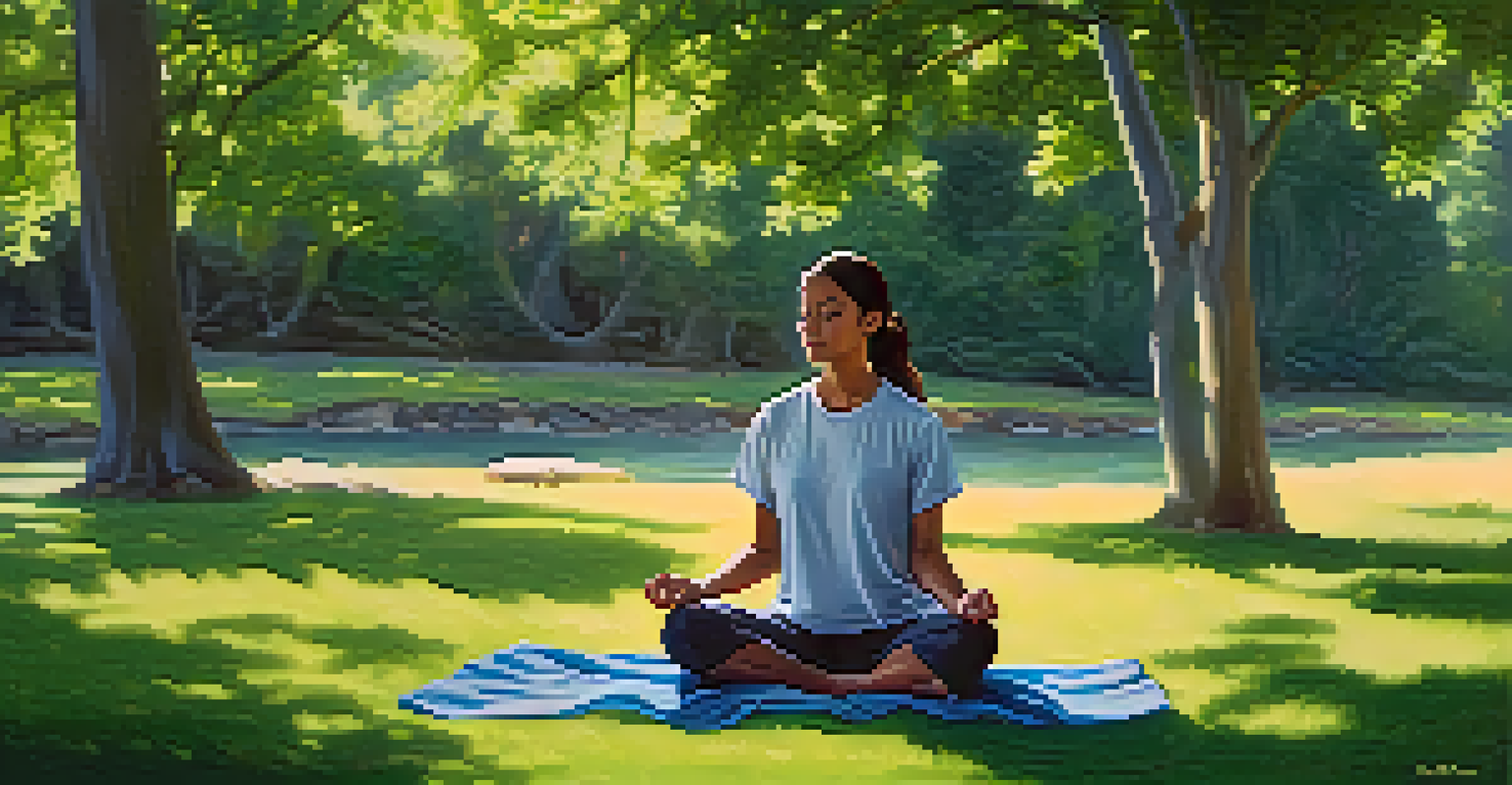 A person meditating in a green park, surrounded by trees and a gentle stream.