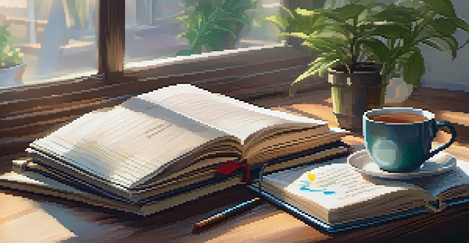 An open journal with colorful affirmations on a wooden desk, accompanied by a cup of tea and a potted plant, illuminated by soft natural light.