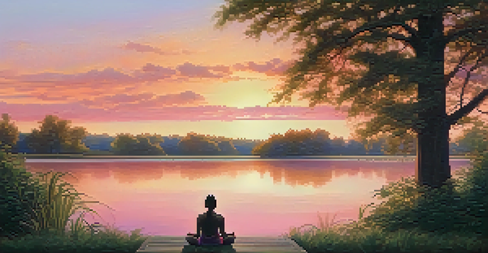 A person meditating by a calm lake at sunset, with warm colors in the sky and lush trees around.