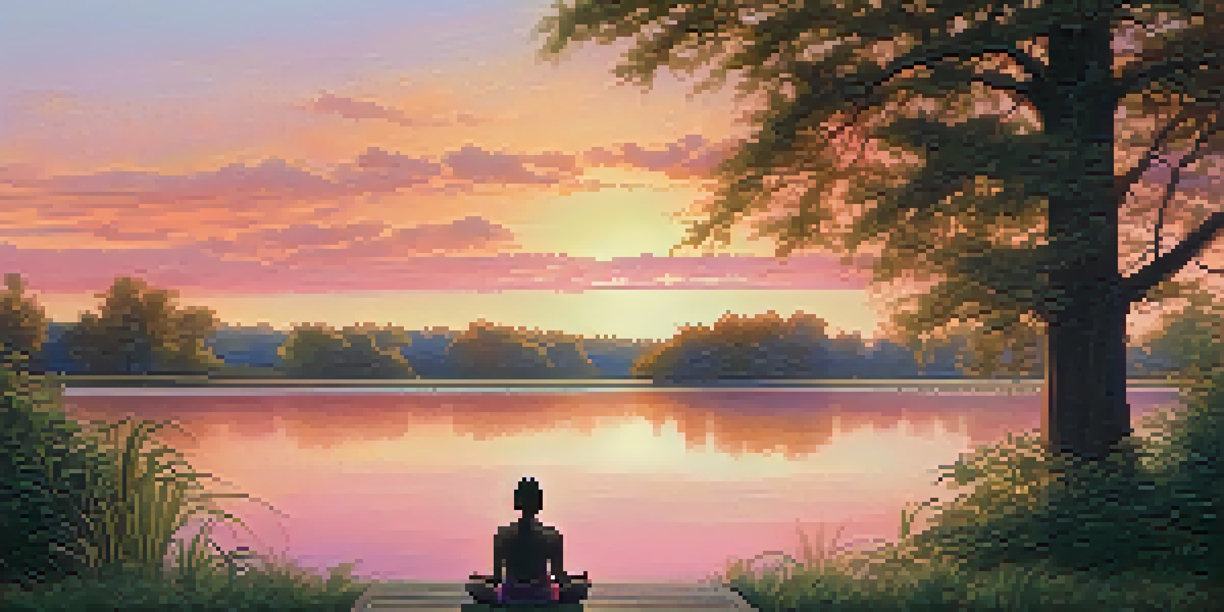 A person meditating by a calm lake at sunset, with warm colors in the sky and lush trees around.
