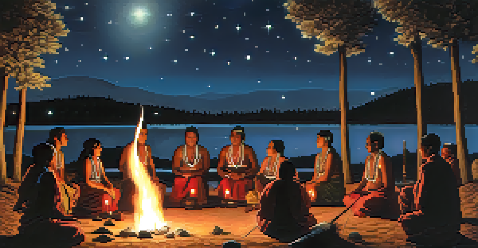 A night-time Indigenous ceremony with participants around a fire, illuminated by the flames, under a starry sky featuring celestial bodies.