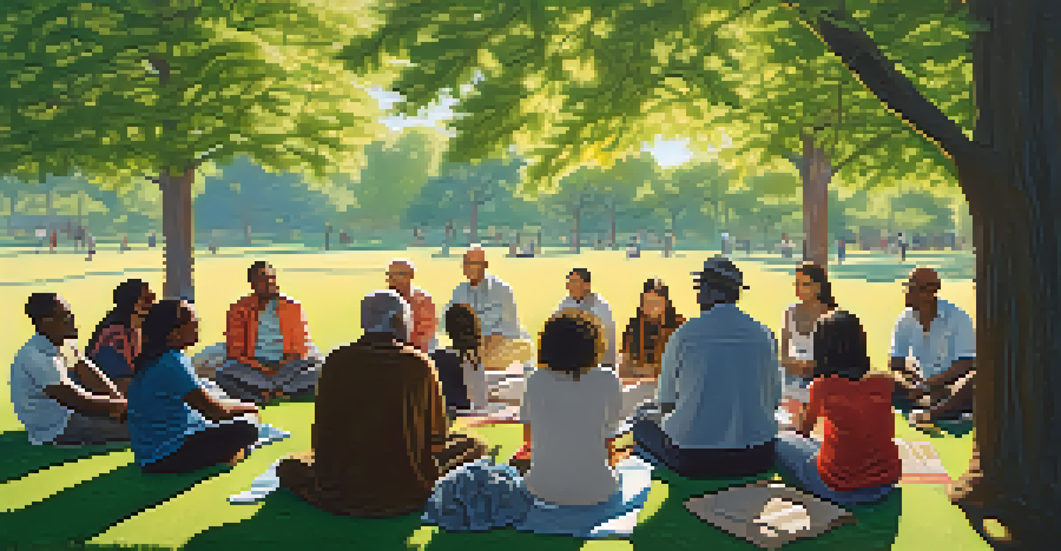 A diverse group of people sitting in a circle in a park, discussing economic justice ideas, surrounded by trees and a clear sky.