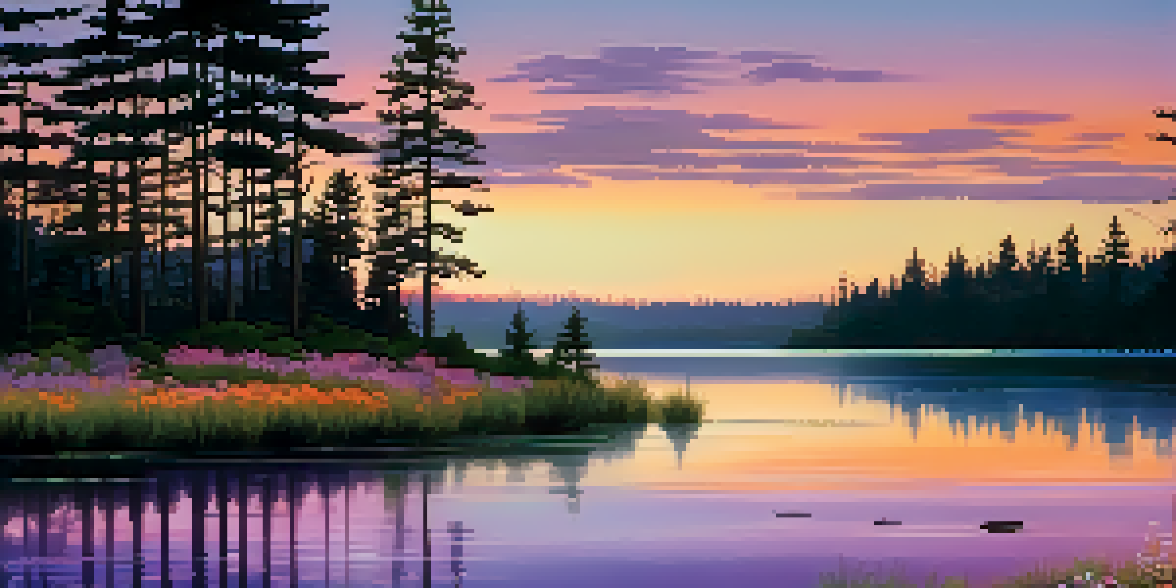A peaceful sunset over a calm lake, with silhouetted pine trees and colorful reflections in the water.